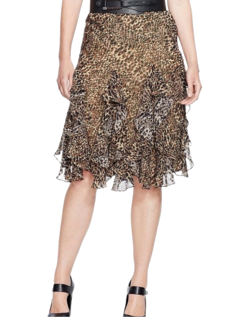 Lauren Ralph Lauren | Black Brown Georgette Skirt Leopard Ruffle Midi - Picture 9 of 14